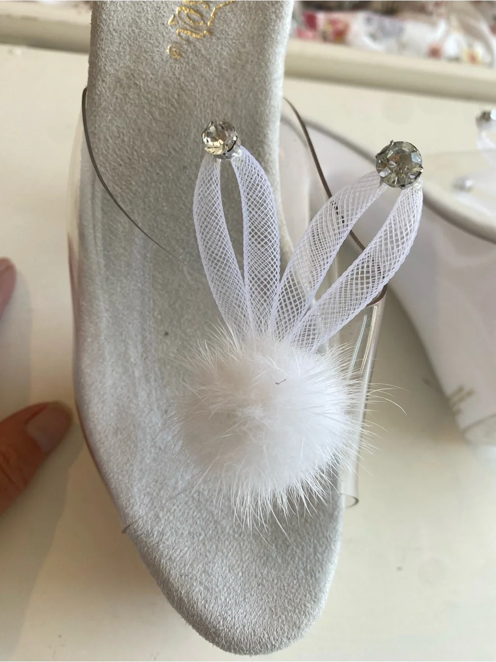 PLEASER  Kiss 201BUNNY  Platform Slides , Stiletto Heels, Rhinestone , White , 8